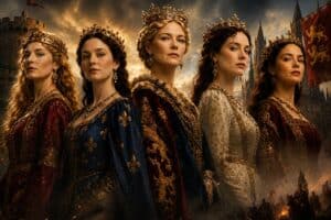 5 Medieval queens stood together in a Hollywood style poster