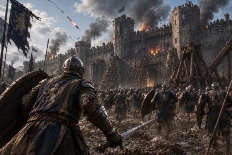 Armoured medieval soldiers charge through muddy ground toward a massive stone castle under siege as flaming projectiles arc overhead and smoke rises from burning battlements. Wooden siege towers and ladders press against the fortress walls, capturing the large scale combat and atmosphere often associated with video games set in the Middle Ages.