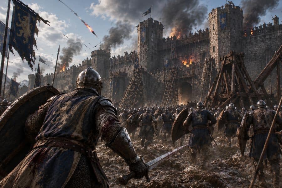 Armoured medieval soldiers charge through muddy ground toward a massive stone castle under siege as flaming projectiles arc overhead and smoke rises from burning battlements. Wooden siege towers and ladders press against the fortress walls, capturing the large scale combat and atmosphere often associated with video games set in the Middle Ages.