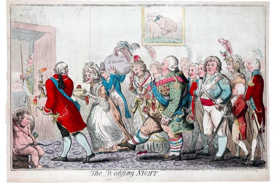A hand colored satirical print shows a nervous bride entering a crowded bedchamber beside a groom in a red coat while richly dressed guests carry candles and watch. The caption reads "The Wedding Night" and a large bag is marked "£80,000".