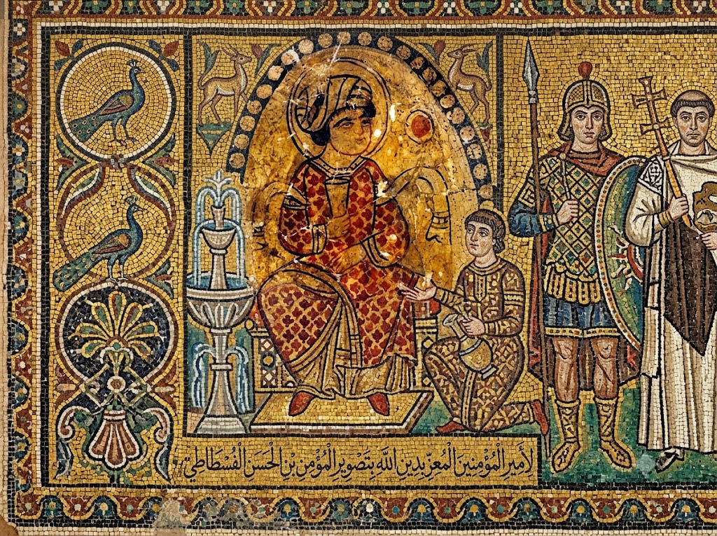 A seated ruler in red and gold robes is surrounded by attendants. Soldiers. Peacocks. And a fountain in an ornate gold mosaic connected to stories of mad monarchs. An Arabic inscription runs along the bottom but is too small to transcribe accurately.