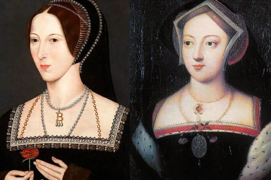 Two Tudor portraits associated with Anne Boleyn appear side by side against dark backgrounds. Both women wear elaborate French hoods and jeweled necklaces while the woman on the left holds a red flower and wears a gold letter B pendant.