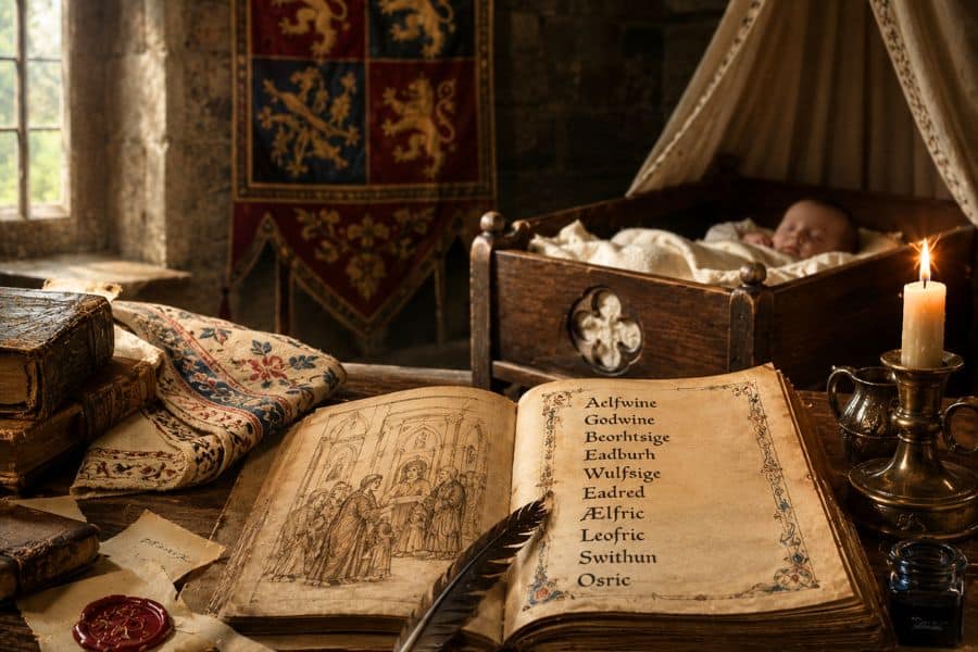 A baby in a cradle in the middle ages and a book of old baby names