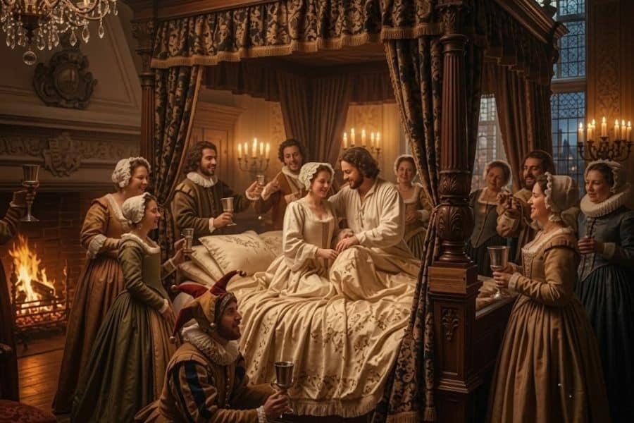 A newly married couple sits together on a large curtained bed while laughing guests in period clothing raise metal cups around them. Firelight and candles illuminate a crowded wedding night celebration involving friends and witnesses.