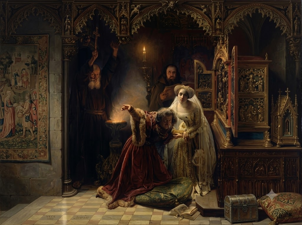 A distressed king in a fur trimmed red robe points across a dark Gothic chamber while a woman in white steadies him. Clerics watch beside a burning brazier and an open carved cabinet in this dramatic portrayal of mad monarchs.