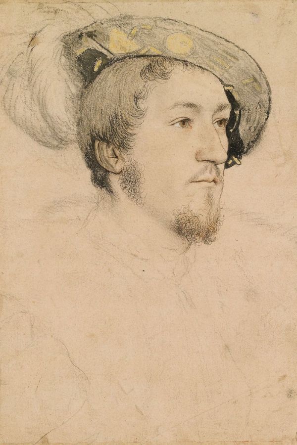 Delicate Renaissance portrait sketch of a young man shown in profile with a short beard and mustache. He wears a broad feathered hat with faint yellow detailing against a pale parchment background.