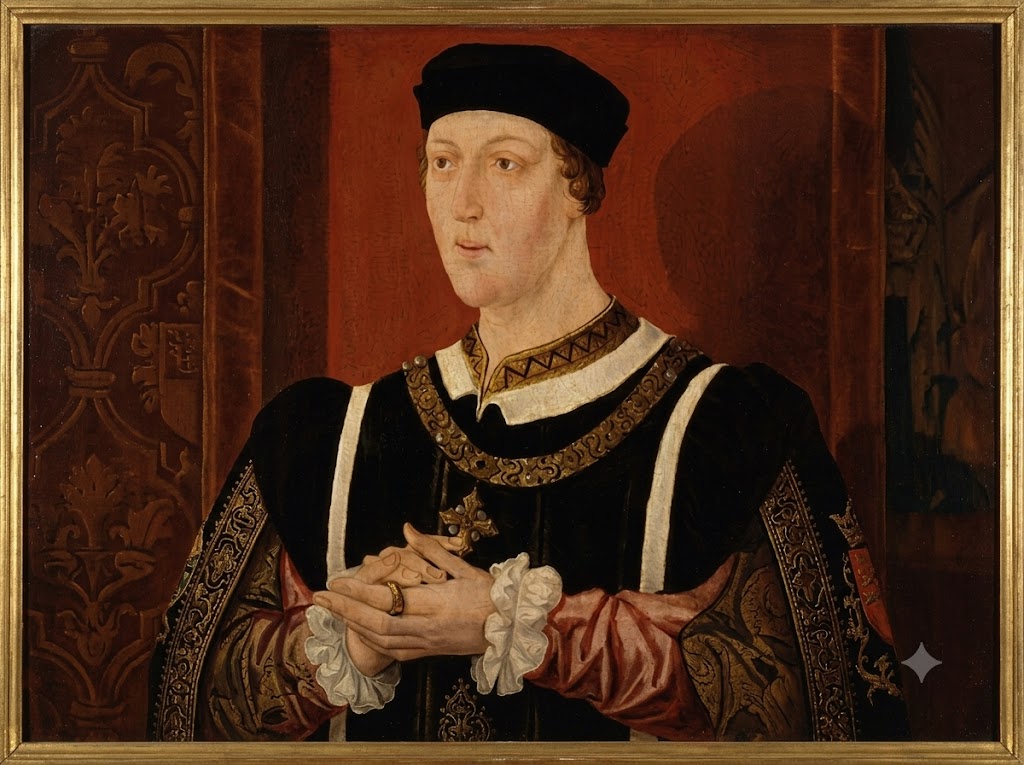 A pale medieval king wears a black cap and richly embroidered black and red clothing while clasping his hands. The formal portrait presents a solemn ruler associated with accounts of mad monarchs.