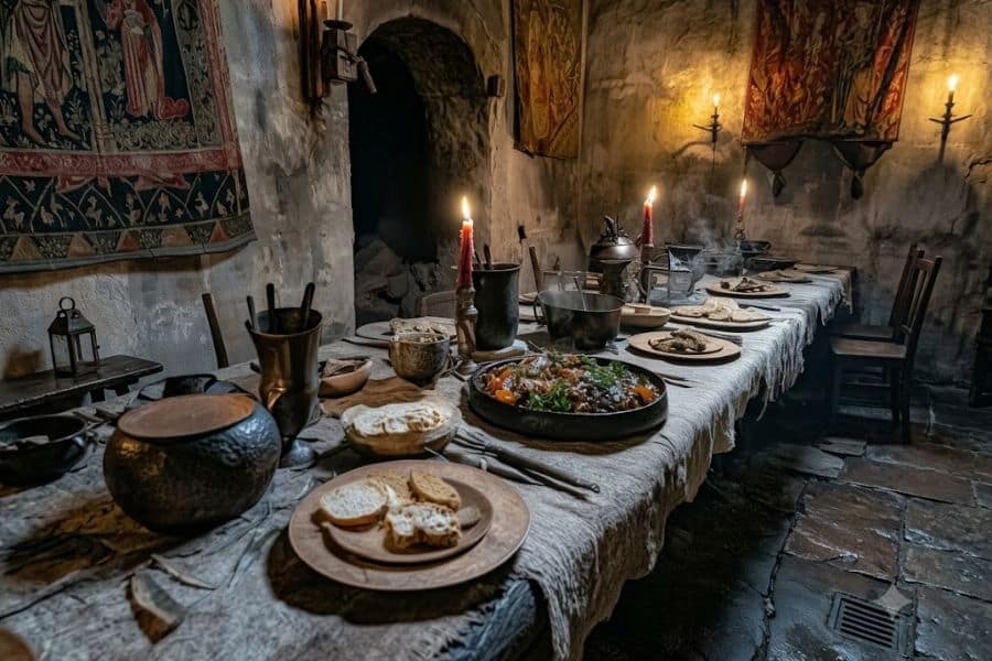 A candlelit stone dining chamber is set with rustic bowls bread and a large platter of roasted vegetables. Tapestries and rough wooden furniture create a staged setting for medieval foods served at a communal table.