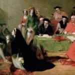 A woman in a black veil kneels before a seated king while cardinals and courtiers watch from around a green covered table. The tense hearing evokes the religious and political proceedings involved in divorce in medieval England.