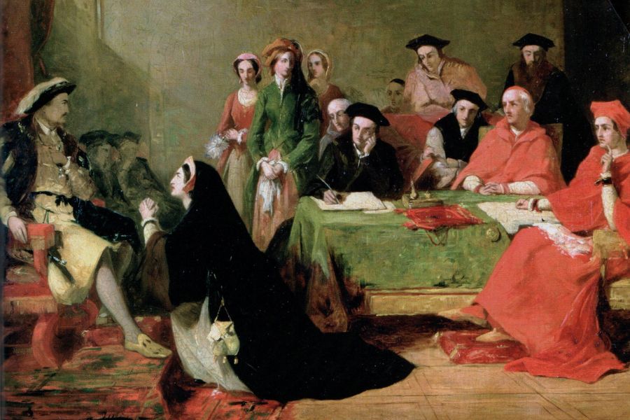 A woman in a black veil kneels before a seated king while cardinals and courtiers watch from around a green covered table. The tense hearing evokes the religious and political proceedings involved in divorce in medieval England.