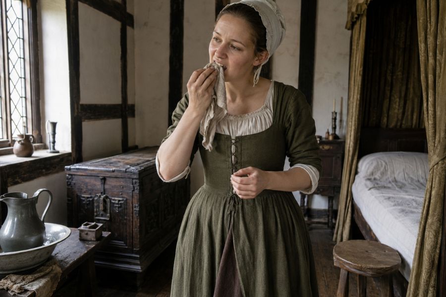 A woman in tudor dress cleaning her teeth with a rag