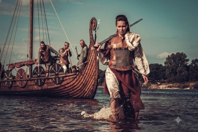 Woman dressed in chainmail and a fur cloak wades ashore carrying a sword while a Viking style longship and armed crew wait behind her in shallow water. This dramatic reenactment illustrates the role of Anglo Saxon women in early medieval life and challenges the idea that women were only passive members of these societies.