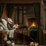 A woman rests with her eyes closed in a carved four poster bed during her period beside a glowing fireplace. Heavy green curtains embroidered blankets wall tapestries and a sleeping dog create a warm historical bedroom scene.