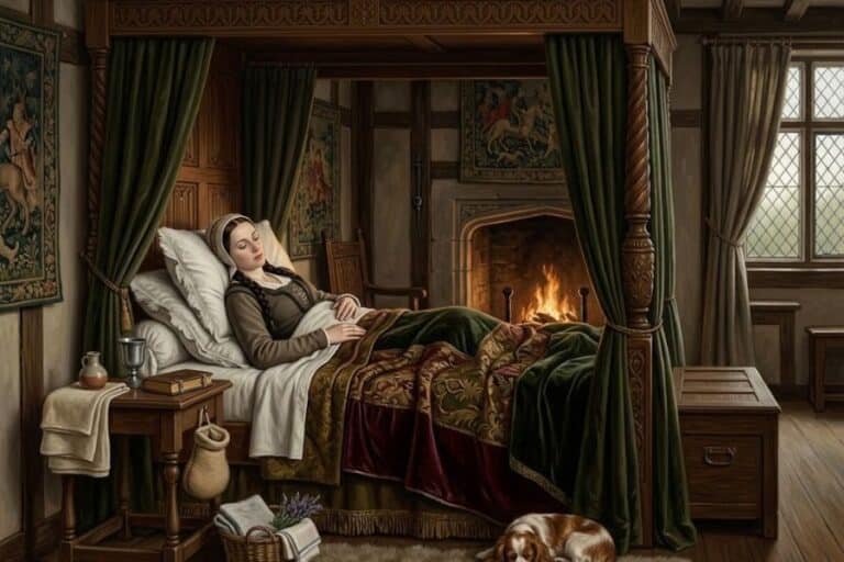 A woman rests with her eyes closed in a carved four poster bed during her period beside a glowing fireplace. Heavy green curtains embroidered blankets wall tapestries and a sleeping dog create a warm historical bedroom scene.