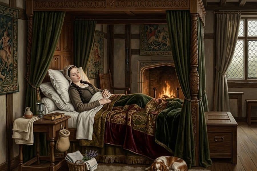 A woman rests with her eyes closed in a carved four poster bed during her period beside a glowing fireplace. Heavy green curtains embroidered blankets wall tapestries and a sleeping dog create a warm historical bedroom scene.