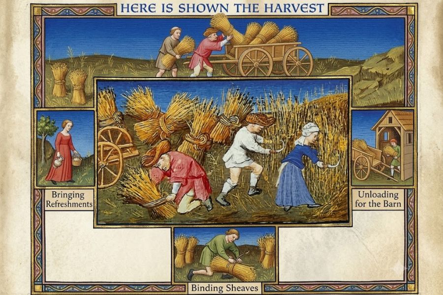 Medieval harvest illustration titled "Here is shown the harvest" with workers cutting grain loading sheaves onto a cart and carrying food. Smaller captions read "Bringing Refreshments" "Unloading for the Barn" and "Binding Sheaves."