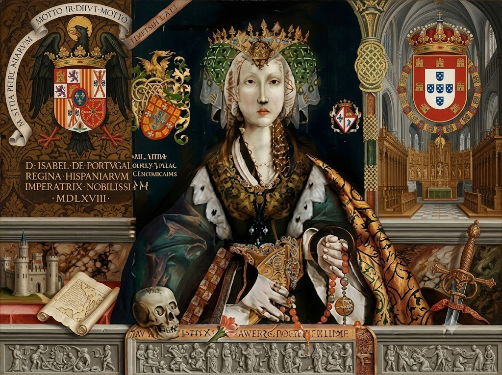 A crowned queen holds rosary beads at the center of an elaborate collage filled with coats of arms. A skull. A sword. A castle. And a church interior. The visible inscription reads “D ISABEL DE PORTVGAL REGINA HISPANIARVM IMPERATRIX NOBILISSIMA MDLXVIII.”