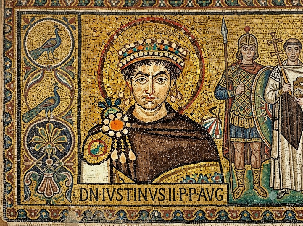 A crowned Byzantine ruler faces forward in a gold mosaic beside soldiers and a robed religious figure. The inscription below reads “DN IVSTINIANVS PP AVG” and the commanding portrait supports a feature on mad monarchs.