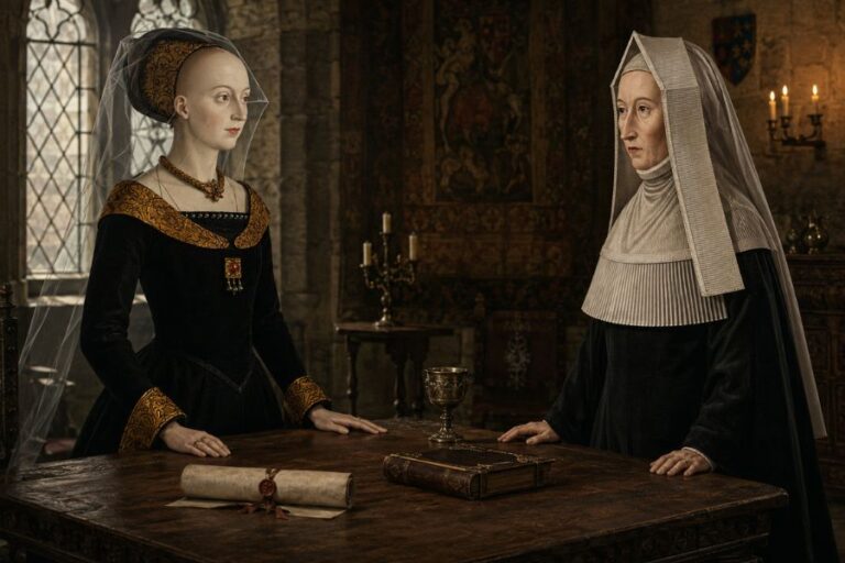 Margaret Beaufort vs Elizabeth Woodville shown as two noble Tudor era women facing each other across a wooden table. A sealed parchment. old book. and silver goblet sit between them in a dim stone room lit by candles.