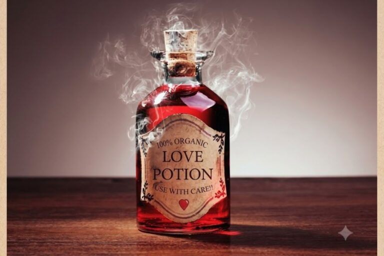 A corked glass bottle filled with red liquid sits on a wooden table as white smoke curls around it. The label reads "100% ORGANIC LOVE POTION USE WITH CARE!!".