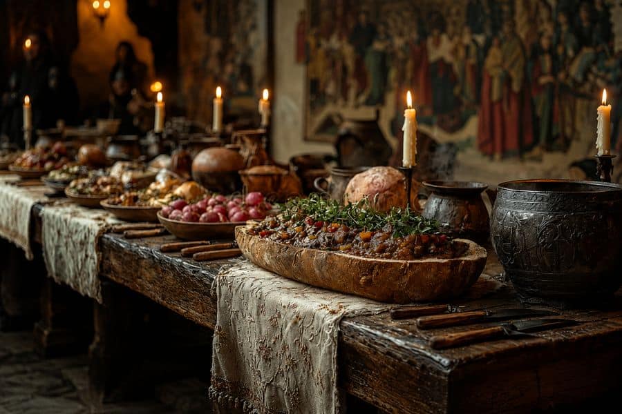 A long wooden banquet table holds a large bread trencher filled with stew beside fruit pottery and dripping candles. Painted wall hangings and dim warm light suggest an abundant medieval feast.