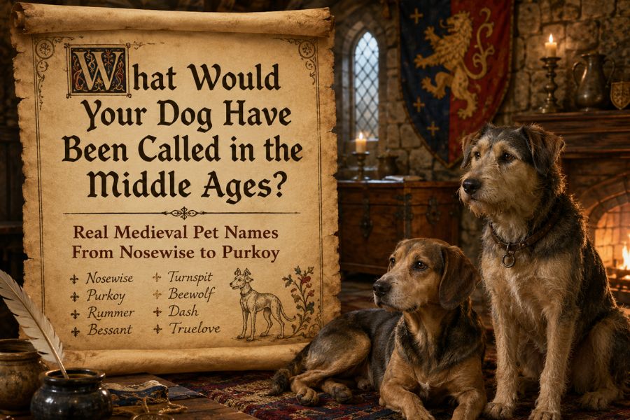 Two dogs sat next to a post parchment of medieval pet names