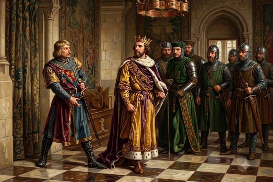 A crowned medieval king stands in an ornate palace hall while speaking with a nobleman in chain mail and a heraldic tunic. Armed guards gather behind them in this court scene connected to the story of Simon de Montfort.