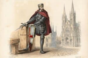 An armored medieval nobleman rests one hand on a sword and the other on a shield marked with a red cross. A large Gothic cathedral rises in the background of this illustration related to Simon de Montfort.