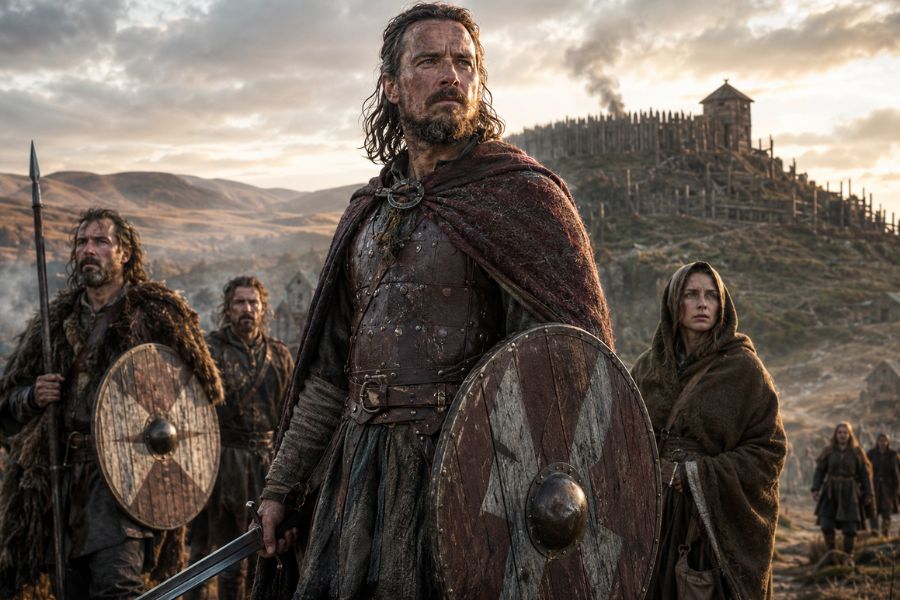 A battle worn warrior stands with a sword and round wooden shield while armed companions and a cloaked woman gather behind him. A timber hill fort overlooks the group beneath a dramatic cloudy sky evoking the tense atmosphere of TV shows and films set in the Dark Ages.