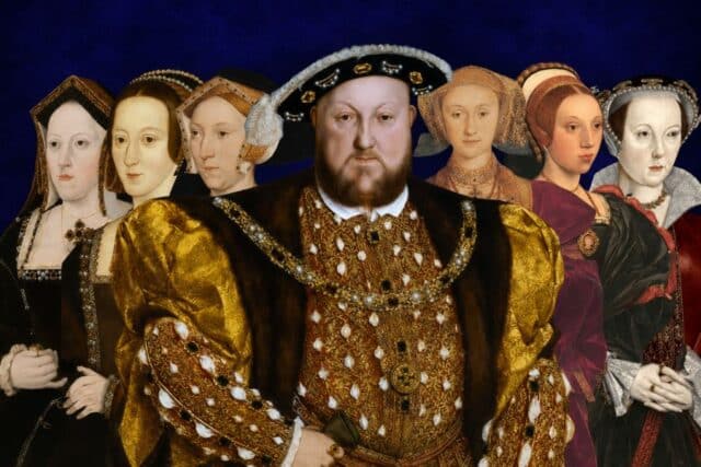 A Tudor king in ornate gold and fur clothing stands in front of six women wearing jeweled gowns and traditional headdresses. The portrait collage introduces Tudor history through royal figures shown against a dark blue background.