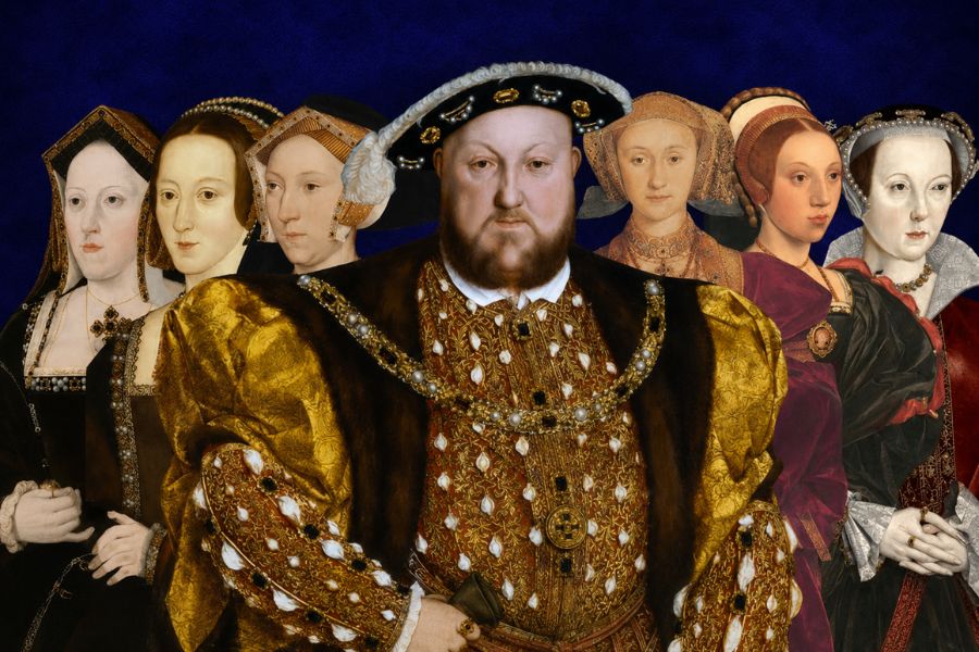 A Tudor king in ornate gold and fur clothing stands in front of six women wearing jeweled gowns and traditional headdresses. The portrait collage introduces Tudor history through royal figures shown against a dark blue background.