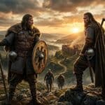 Two Viking warriors face each other on a rocky hillside while carrying a spear a shield and an axe. A fortified settlement burns in the valley beneath a golden sunset creating the rugged atmosphere of TV shows and films set in the Dark Ages.