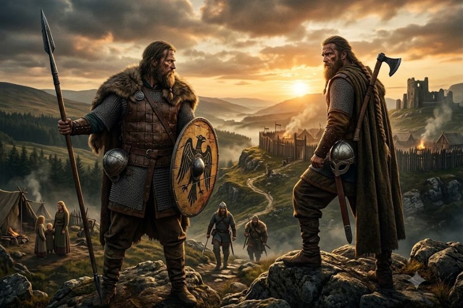 Two Viking warriors face each other on a rocky hillside while carrying a spear a shield and an axe. A fortified settlement burns in the valley beneath a golden sunset creating the rugged atmosphere of TV shows and films set in the Dark Ages.