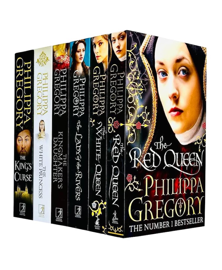 Boxed collection of six Philippa Gregory novels arranged upright with portraits of royal women and Henry the Eighth across the spines. The titles read "The Kings Curse." "The White Princess." "The Kingmakers Daughter." "The Lady of the Rivers." "The White Queen." and "The Red Queen." The front also reads "Philippa Gregory. The Number 1 Bestseller."