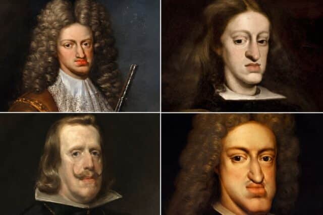 A four panel collage of painted royal portraits showing members of the Habsburg dynasty with the distinctive prominent jaw and lower lip often associated with the family. The side by side arrangement highlights the recurring facial features across different generations to illustrate the inherited Habsburg appearance.