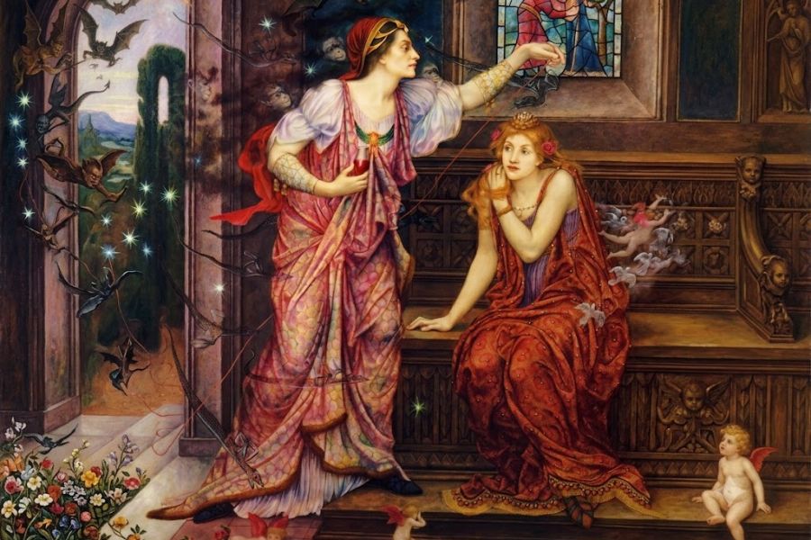 A woman in flowing pink robes holds a small red vial and gestures above a seated woman in an ornate medieval interior. Bats glowing lights flowers and a small winged child surround the pair to suggest a magical love spell.