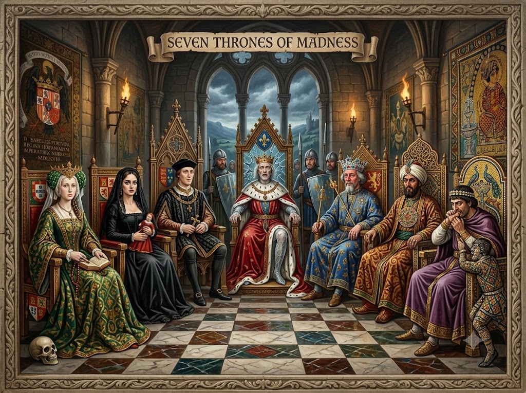 Seven richly dressed rulers sit on Gothic thrones inside a torchlit hall while armored guards stand behind them. The banner above reads “SEVEN THRONES OF MADNESS” and a skull rests near the queen at the far left.