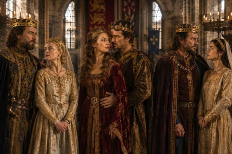 Three crowned noble couples stand inside a grand medieval hall wearing richly embroidered robes and ceremonial jewelry. Their tense expressions and formal pairings evoke the political alliances and family expectations tied to royal marriage.