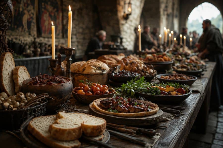 Sliced loaves roasted meats glazed fruit pies herbs and vegetables cover a candlelit banquet table in a stone hall. Blurred diners gather beyond the spread to show the scale of a communal feast.
