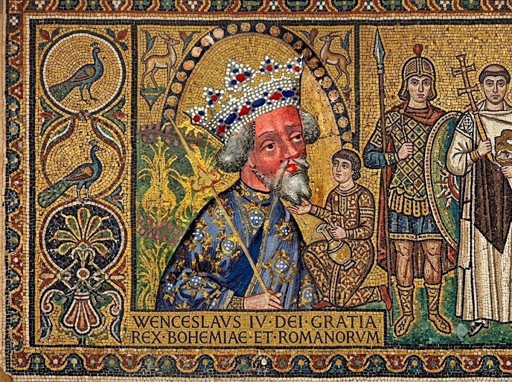A grey bearded king in a jeweled crown and blue robe holds a gold staff within an ornate mosaic of peacocks. Soldiers. And an attendant. The inscription reads “WENCESLAVS IV DEI GRATIA REX BOHEMIAE ET ROMANORVM” in this depiction linked to mad monarchs.