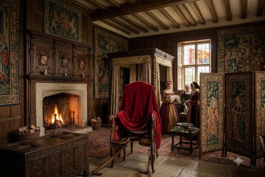 Tudor style birthing chamber with a large canopy bed, carved fireplace, tapestries, folding screen, and women gathered near a window. The warm room suggests childbirth preparations in a wealthy historic household.