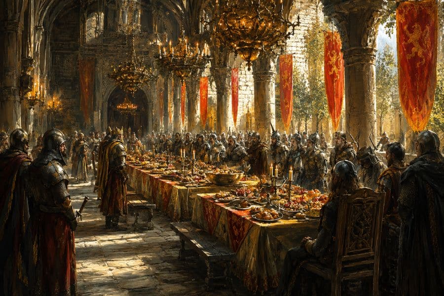 An illustrated royal banquet fills a vast stone hall with long tables chandeliers red banners armored guards and dozens of guests. Platters of food and candlelight emphasize the ceremony and abundance of a medieval court feast.