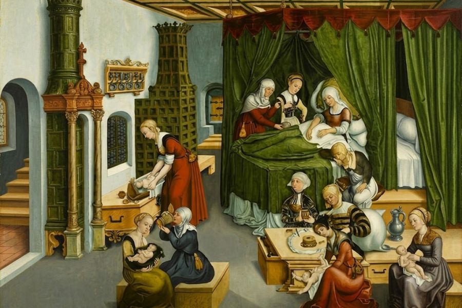 Historical painting of a busy childbirth room with a mother resting in a green curtained bed while women care for newborns and prepare food nearby. The scene shows childbirth as a household event with attendants, children, and domestic activity surrounding the mother.