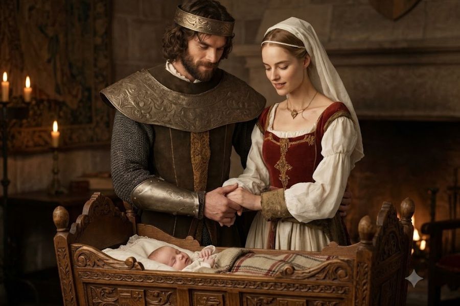 Medieval couple in royal clothing gently hold hands beside a sleeping newborn in an ornate wooden cradle. The scene suggests historic or fantasy inspired baby names with a warm castle interior and candlelight in the background.