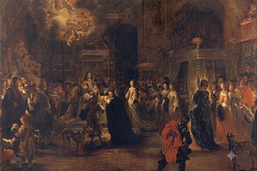 A large historical painting shows a royal bride and groom near a canopied bed as clergy courtiers attendants and onlookers fill the richly decorated chamber. The crowded ceremony suggests a formal public blessing before the couple retired for the night.