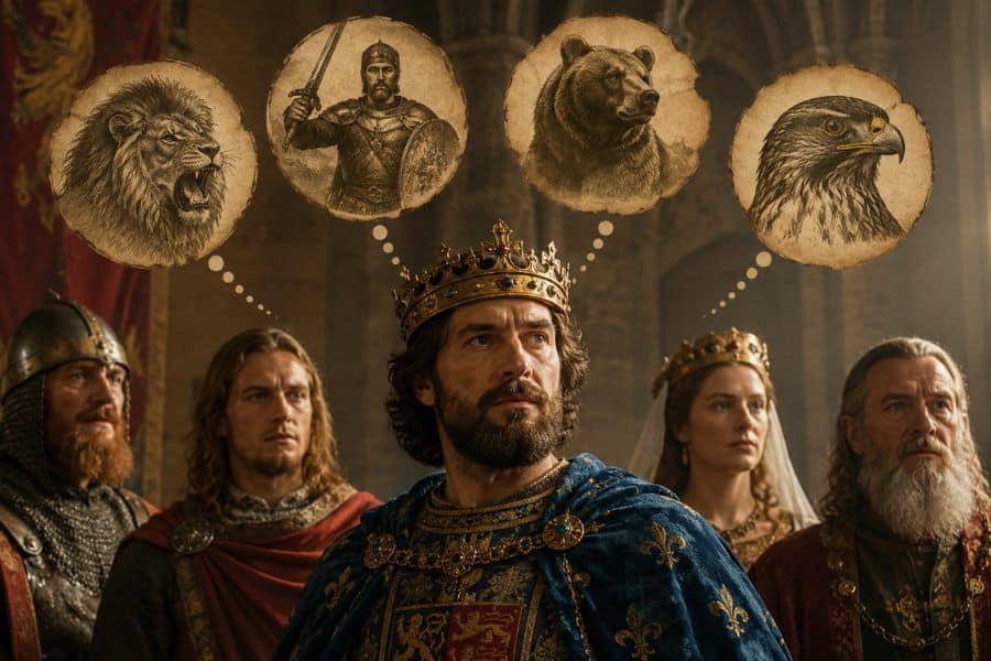 A crowned medieval king stands with armored nobles and a queen inside a grand hall. Thought bubbles show a roaring lion. A sword wielding warrior. A bear. And an eagle as symbols inspiring medieval nicknames.