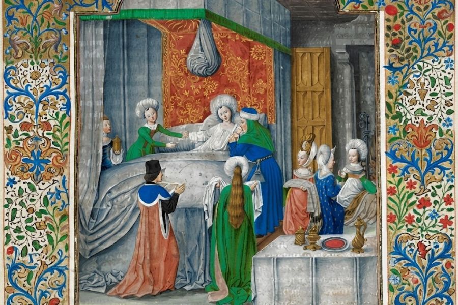 Medieval manuscript illustration of childbirth with a mother reclining in a curtained bed while attendants gather around her and a baby is held nearby. The ornate floral border frames the scene like a historical record of birth and postpartum care.