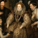 Elizabeth I sits in an ornate jeweled gown with a large lace collar while three richly dressed men attend her. Two men in pale court dress kneel and stand close to her throne while another man in black stands behind her with one hand on his chest.