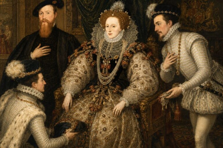 Elizabeth I sits in an ornate jeweled gown with a large lace collar while three richly dressed men attend her. Two men in pale court dress kneel and stand close to her throne while another man in black stands behind her with one hand on his chest.