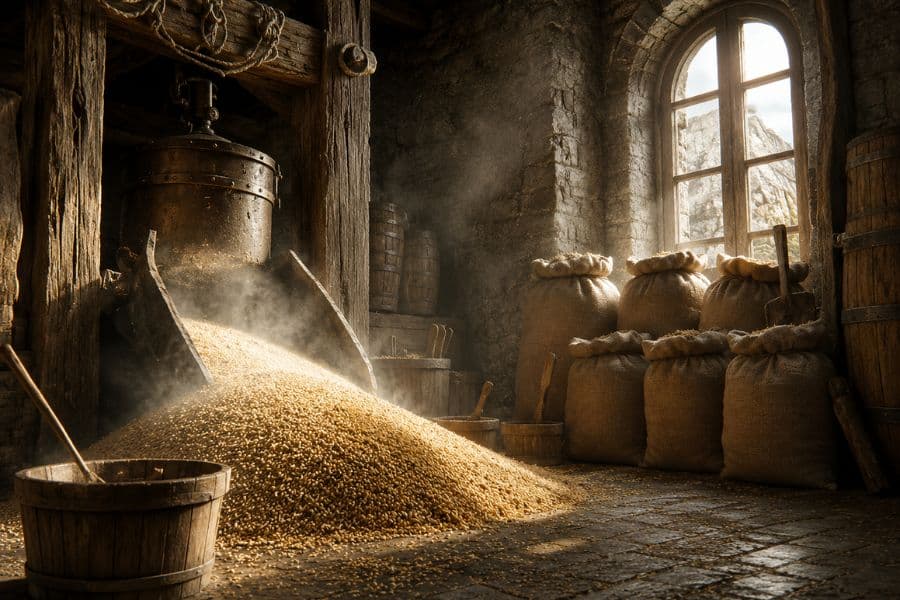 Grain pours from a large wooden mill into a pile inside a stone storeroom with sacks and barrels. The scene shows how food supplies may have been processed and stored in medieval castles.